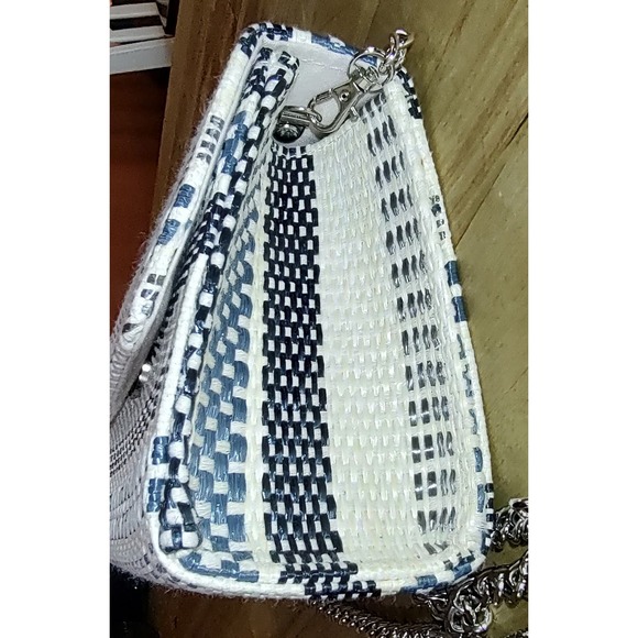 Teal Blue & Cream Stripe, Faux Rattan Square Mini Crossbody Purse - Picture 5 of 10